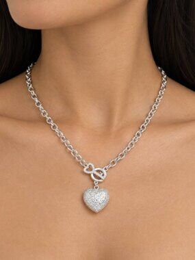 925 Sterling Silver Chunky Heart Necklace Heart and Key Toggle Chain Necklace